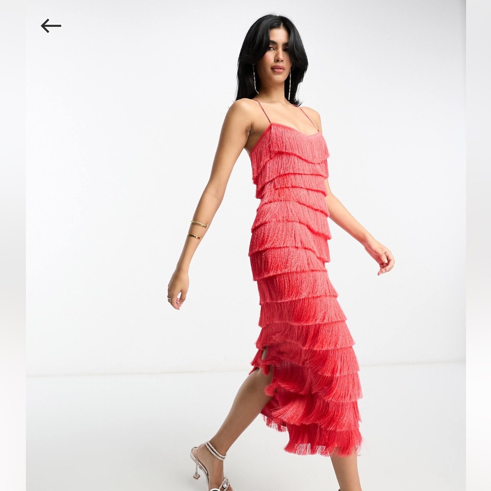 ASOS Design Tiered Midi Fringe Coral Dress with Cross Back